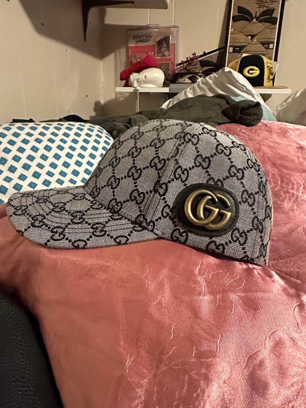 Gucci Grey Monogram GG Logo Baseball Cap with Gold Hardware